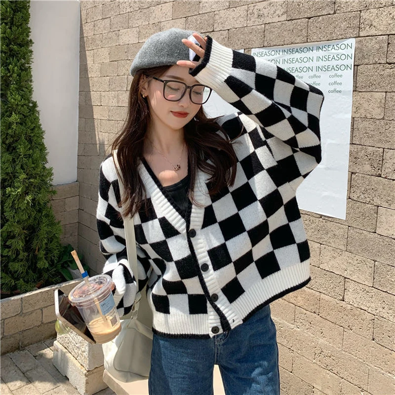 MEXZT Fashion Harajuku Black and White Patchwork Cardigan Sweater Women Fall Long Sleeve Streetwear Tops Korean Y2k Sweater New