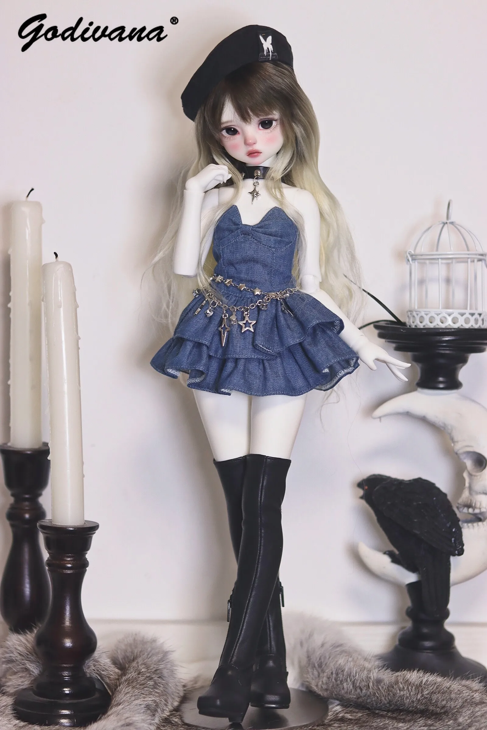 Cool Street‑Style Y2K 1/4 BJD Doll Dress Blue Denim Strapless Gown Star Pendant Chain Ruffled Layered Mini Skirt Doll Costume - view 4