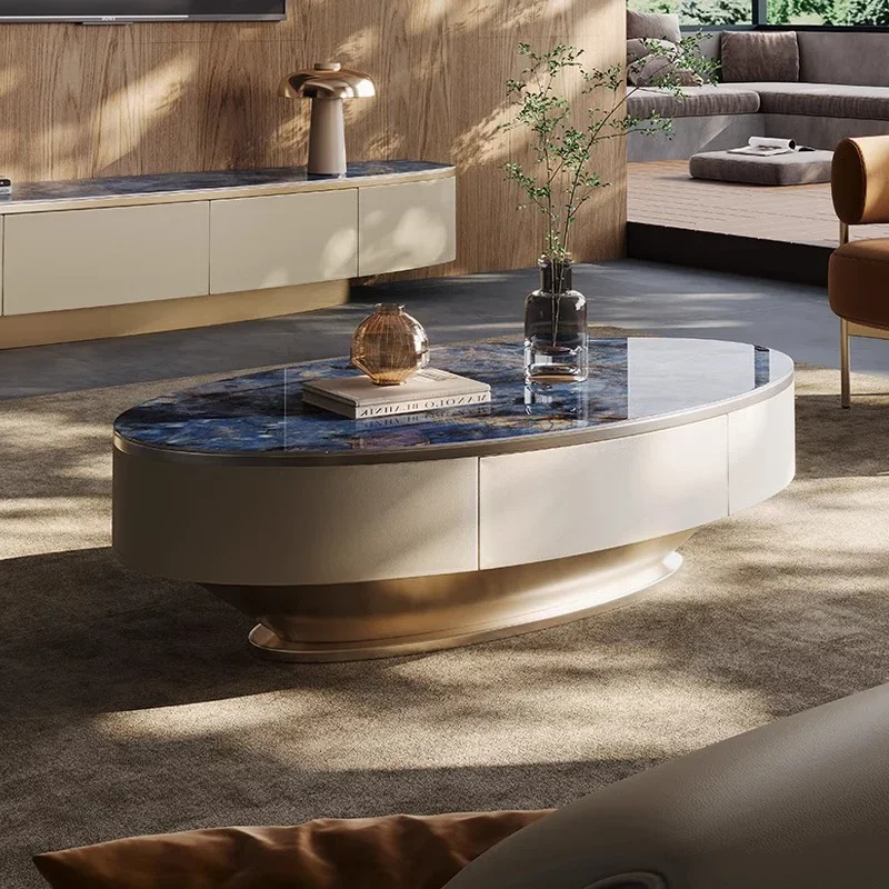 

Italian light luxury rock slab coffee table oval living room household size apartment new high-end saddle leather rock