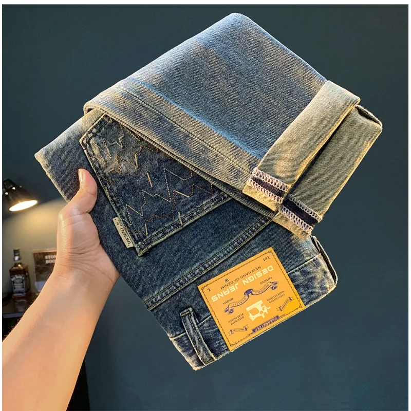 

Высококачественные легкие роскошные мужские джинсы осень 2025, ретро-тренд, стираные и потертые, повседневные маленькие брюки