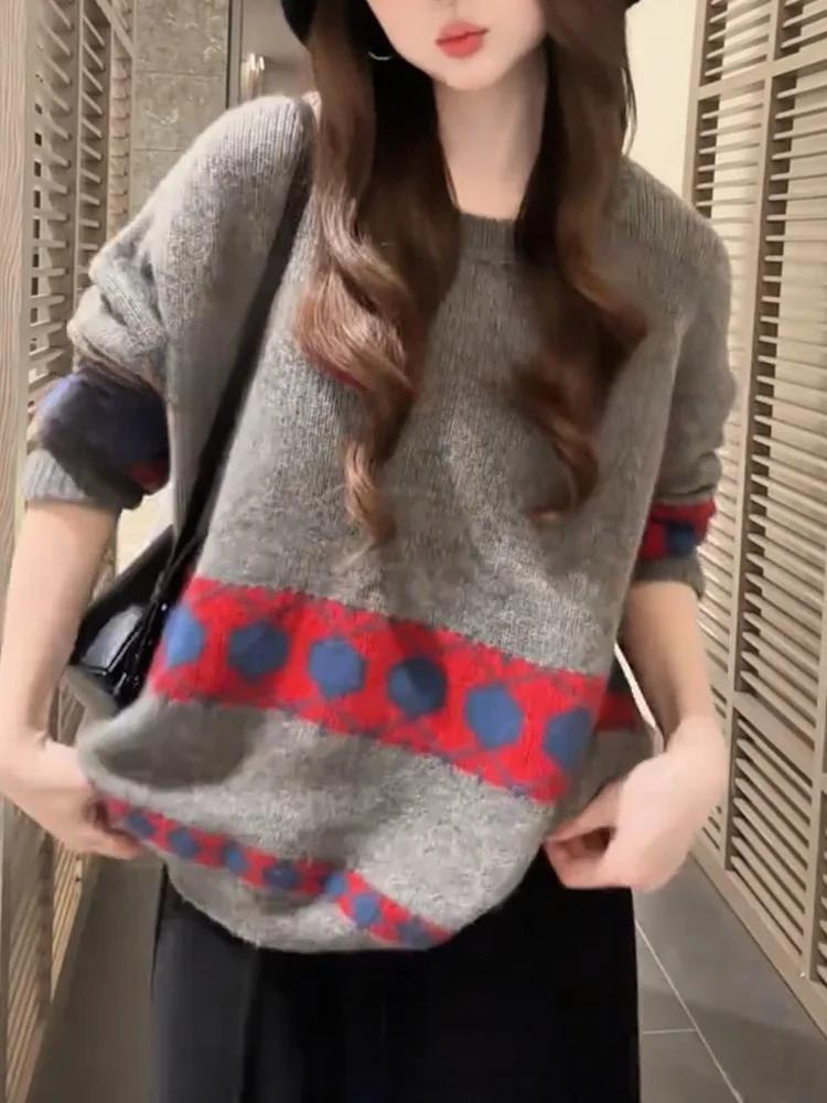 

Корейский вязаный топ с круглым вырезом, цветной, облегающий, модный, больших размеров, женский, осенний, новинка, удобный крой