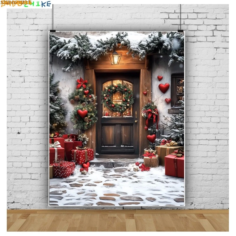 

Christmas Day Fireplace Photography Backdrops Prop illustration Window Living Room Interior Village House Theme Background HK-11