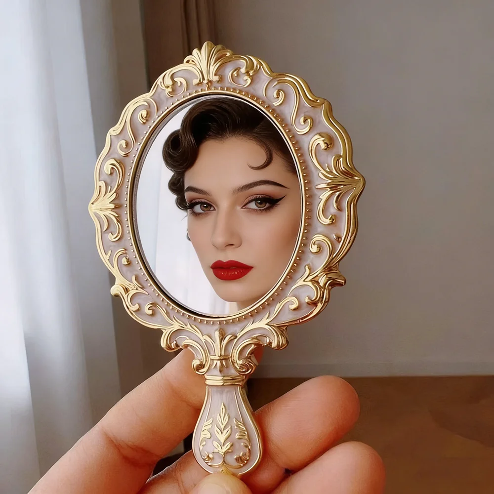 Vintage Handheld Makeup Mirror Exquisite Embossed Golden Frame Oval Portable Vanity Mirror for Ladies Retro Cosmetic Mirror
