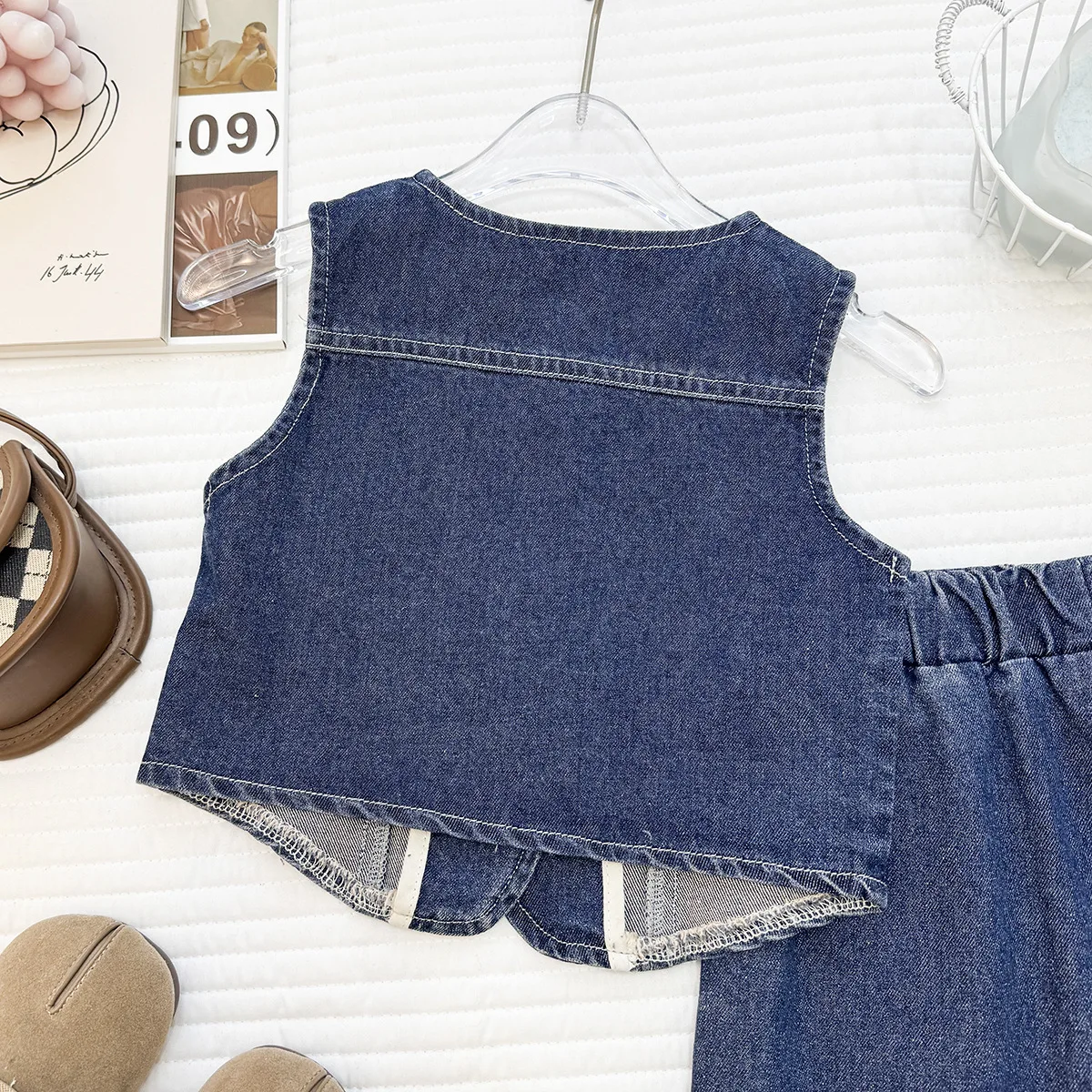 Summer Girls' Denim Skirt Set 2026 New Nail Beaded Tank Top Cardigan Top A-line Short Half Skirts Retro Cowboy 2 Piece Outfit