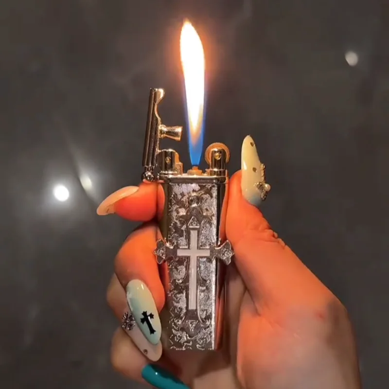 

New High-end Handmade Retro Cross Lighter with Metal Grinding Wheel and Open Flame Portable Lighter Smoking Gift