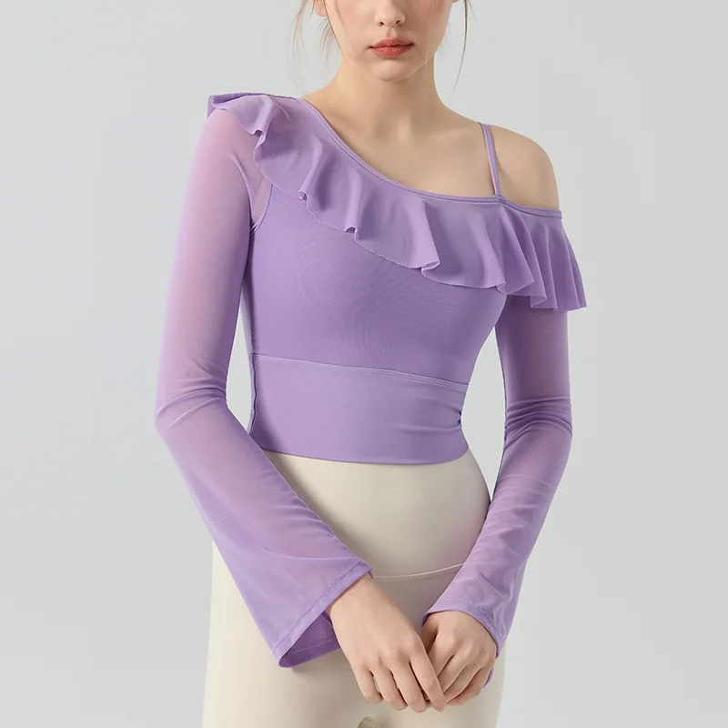 Women's Yoga Tops Long Sleeve with Built-in Bra Padded Bare Shoulder Flared Sleeve Layered Workout T-Shirts Gym Pilras Training