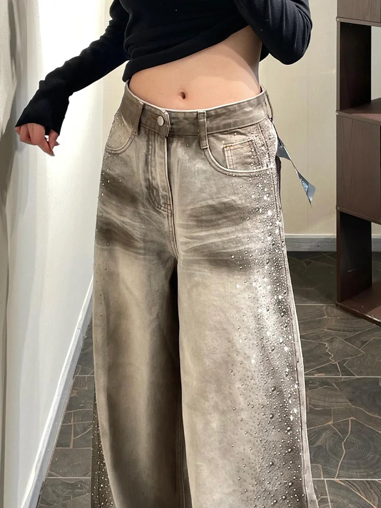 

Retro American Design Faded Denim Jeans Women Summer Trendy Side Rhinestone Floor-Length Pants Natural Waist Pure Color