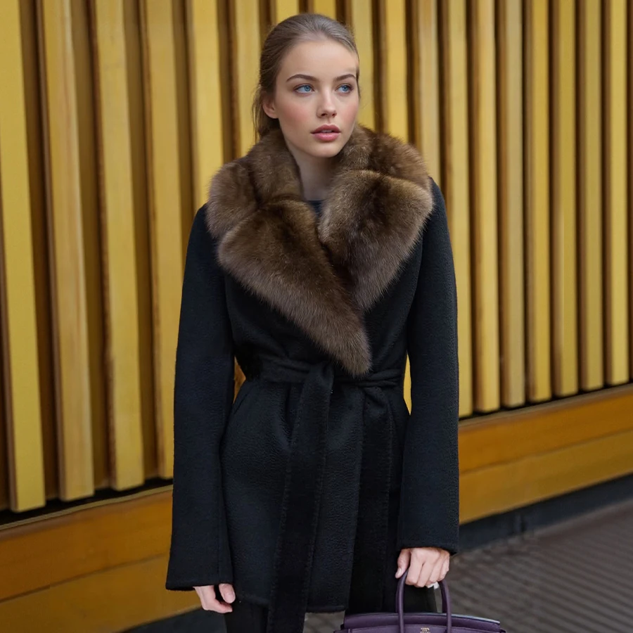 معطف قصير من صوف الكشمير الأسود مع ياقة فرو الثعلب سترة شتوية نسائية معطف فرو الثعلب الطبيعي سترة مزيج الصوف الأكثر مبيعًا
