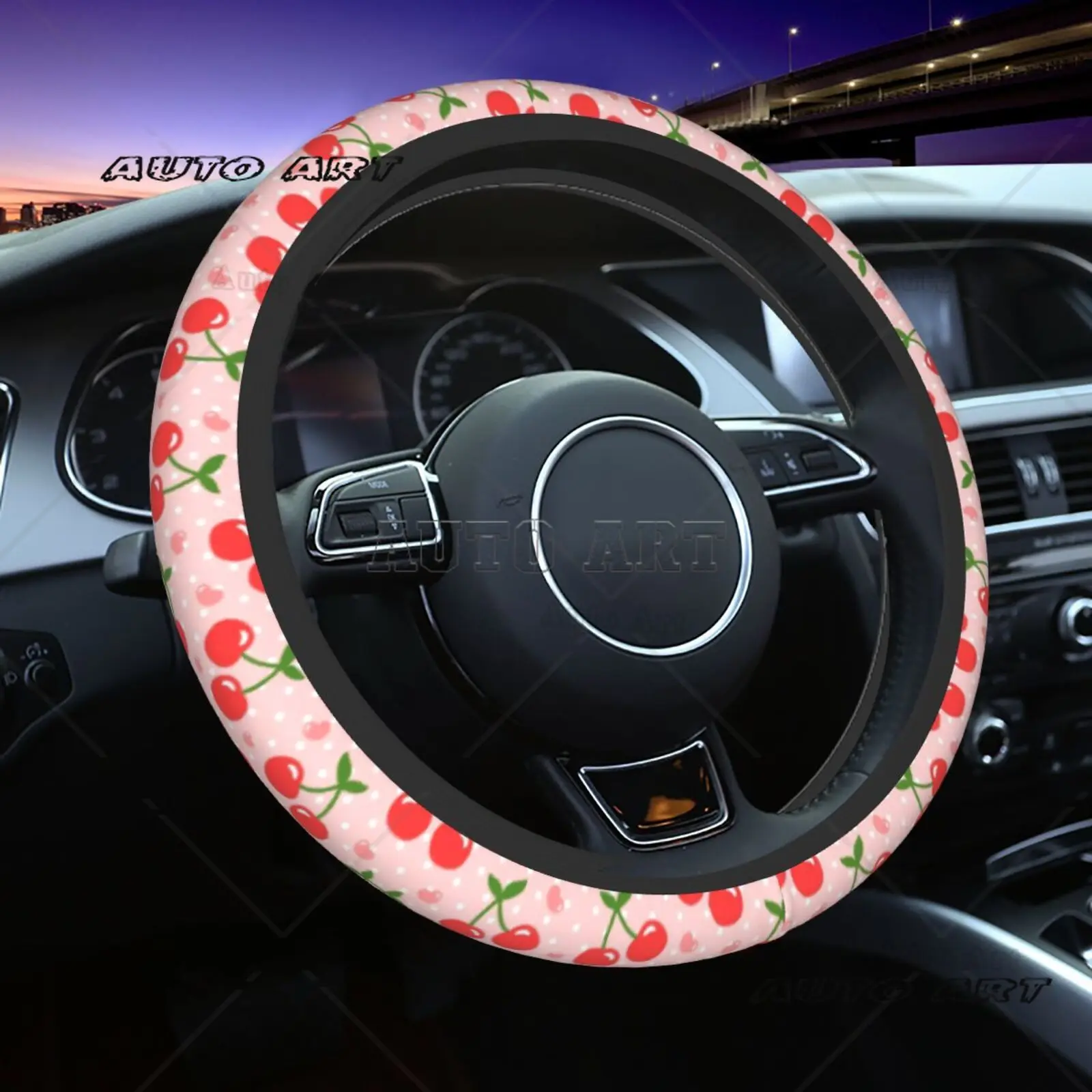 Cute Cherry Patterned Steering Wheel Cover for Car Accessories Universal 15 Inch Anti Slip and Sweat Absorbing Car Accessories
