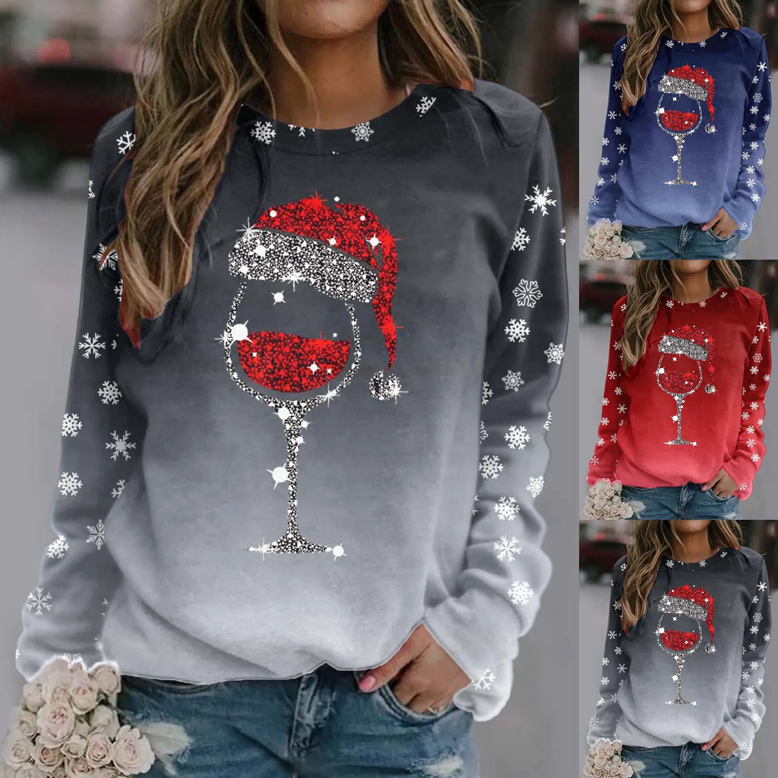 Christmas Fashion Women Xmas Wine Cup Long Sleeve Sweatshirt Cute Reindeer Graphic New Year Ladies Gradient Pullovers Female Top