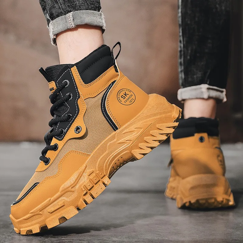 

2026 New Men's High-Top Hiking Boots Color Block Thick Sole Anti-Slip Wear Resistant Outdoor Work Shoes
