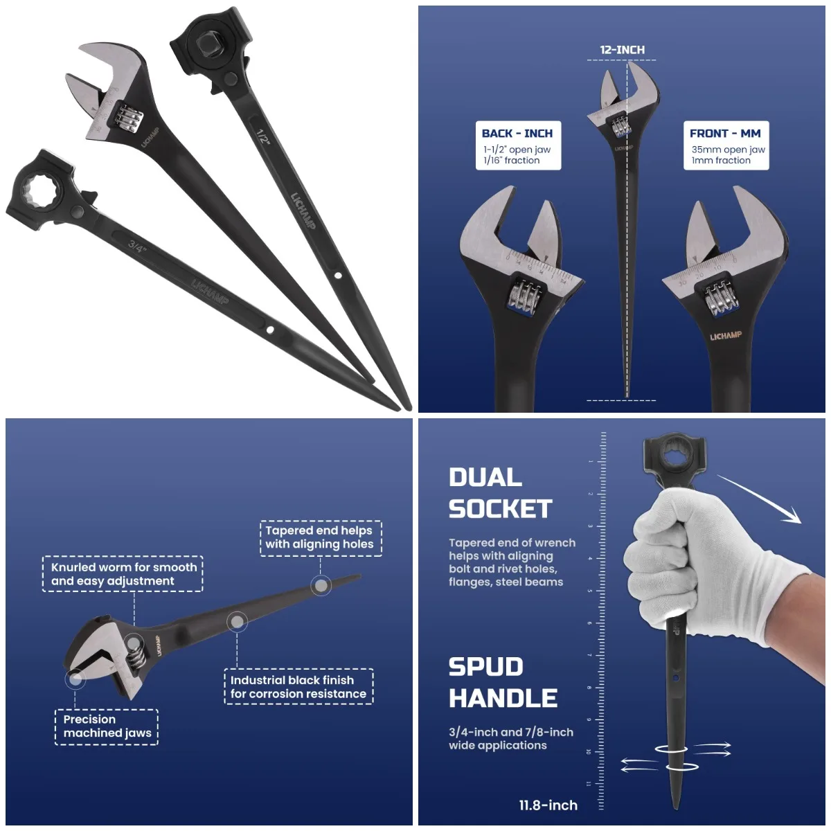 

3 Pack 12' Spud Wrench Ratchet Set, 3/8'-1/2' & 3/4'-7/8' Dual Socket Spanner