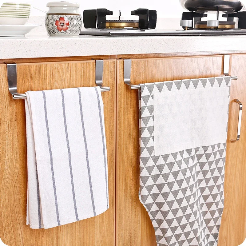 Kitchen Cabinet Door Towel Bar Stainless Steel Door Back Towel Hanging Holder Bathroom Punch-free Towels Hooks  Home Organizer image 5