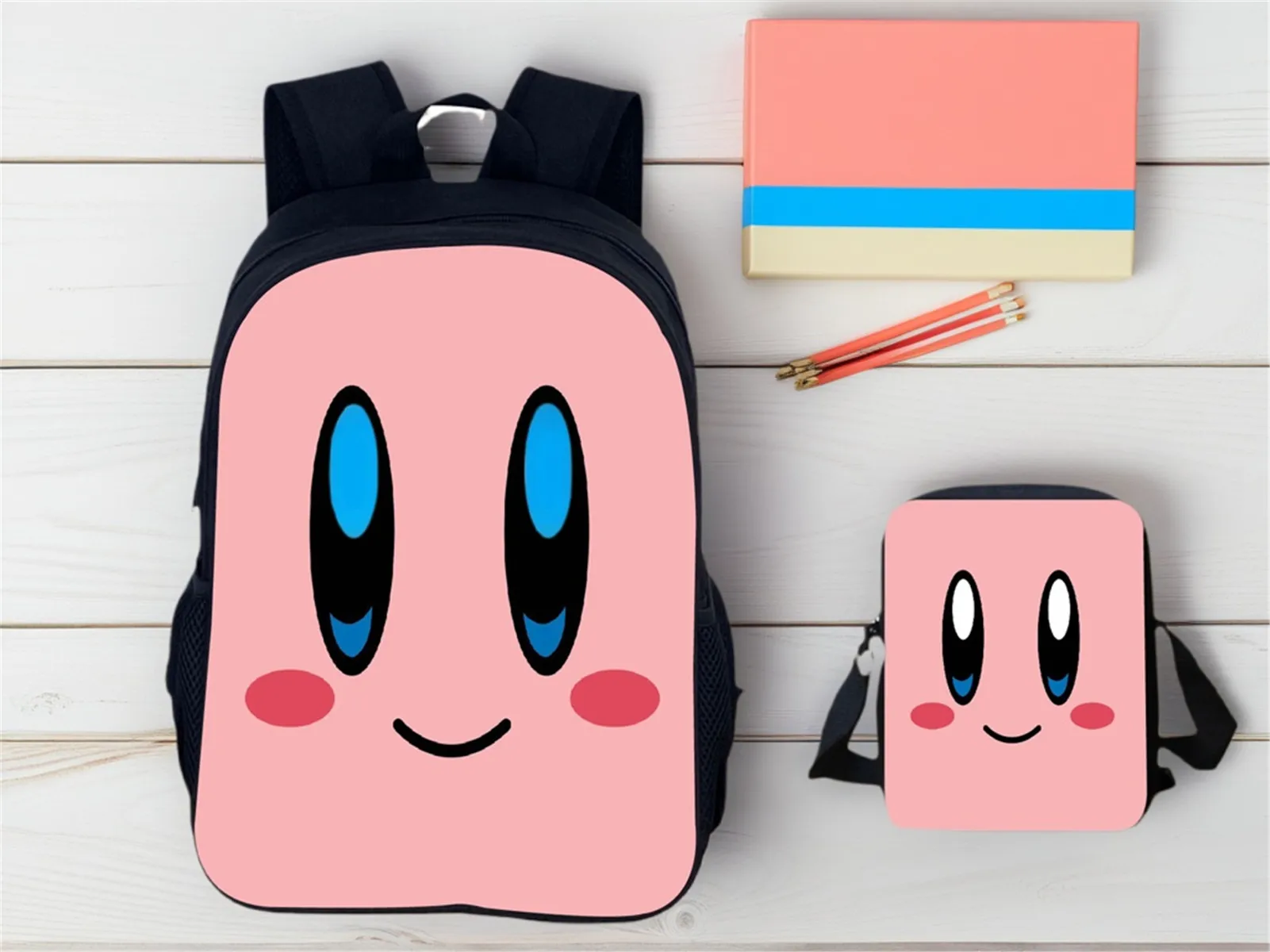 

Elementary Boy Girl Lightweight Backpack and Canvas Shoulder Bag 2Pcs Set-Kirby Multifunction Knapsack School Book Bag