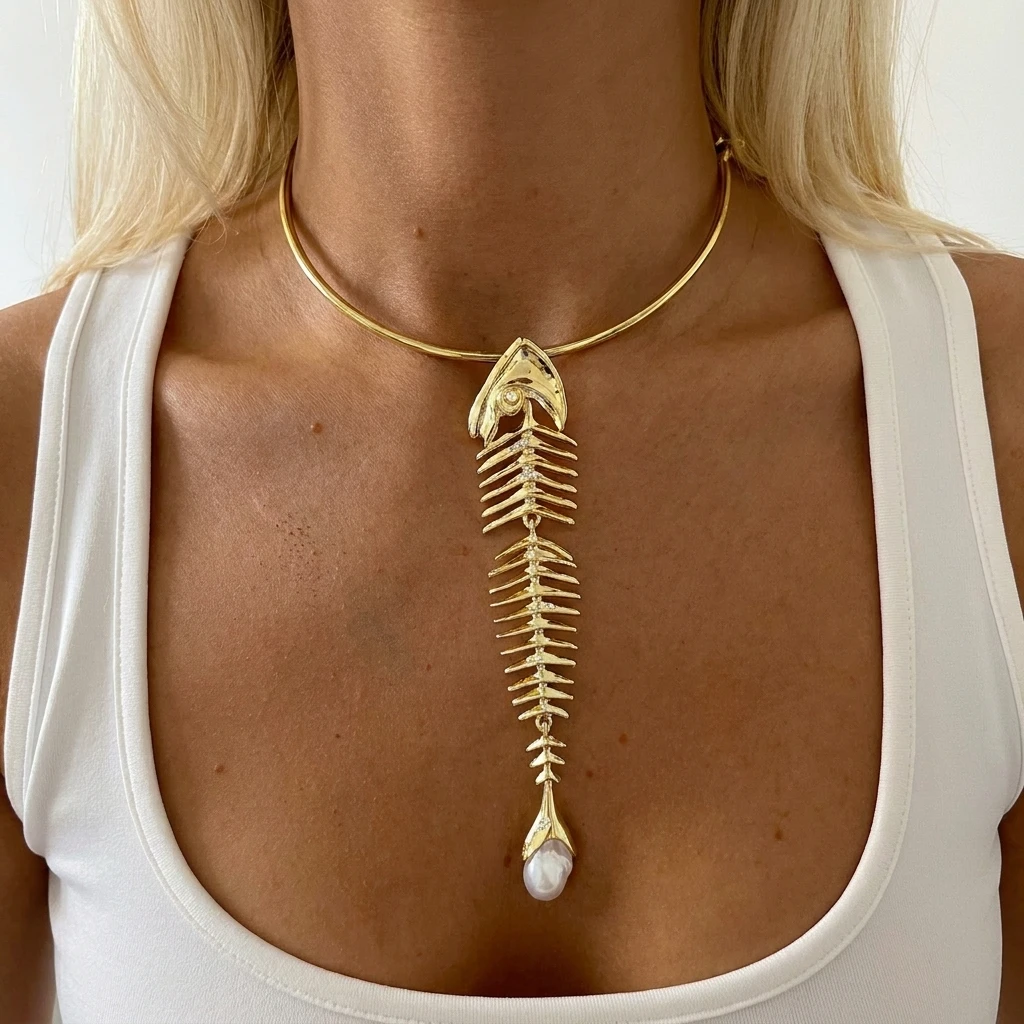 Sexy Gold Color Fishbone Long Drop Necklace For Women Shiny Rhinestone Pearl Skeleton Pendant Choker Beach Deep V Bikini Jewelry