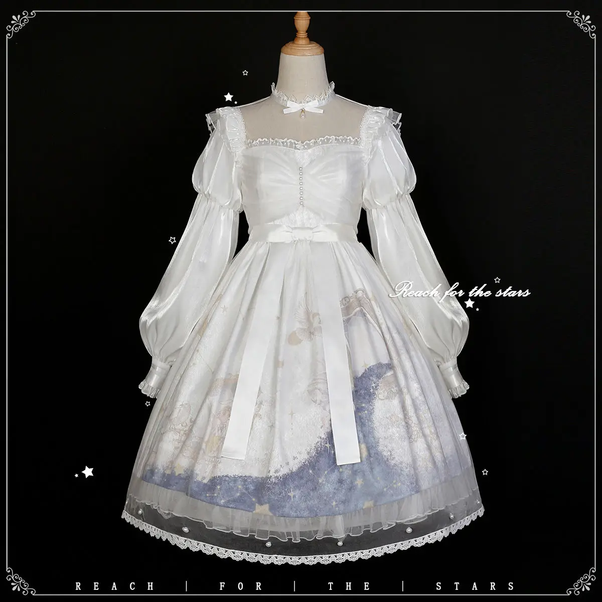 

Coalfell White Fairy Dresses Star Op Long Sleeve Dress Women Lolita Sweet Lace Hem Delicate Elegant Dress Spring and Autumn