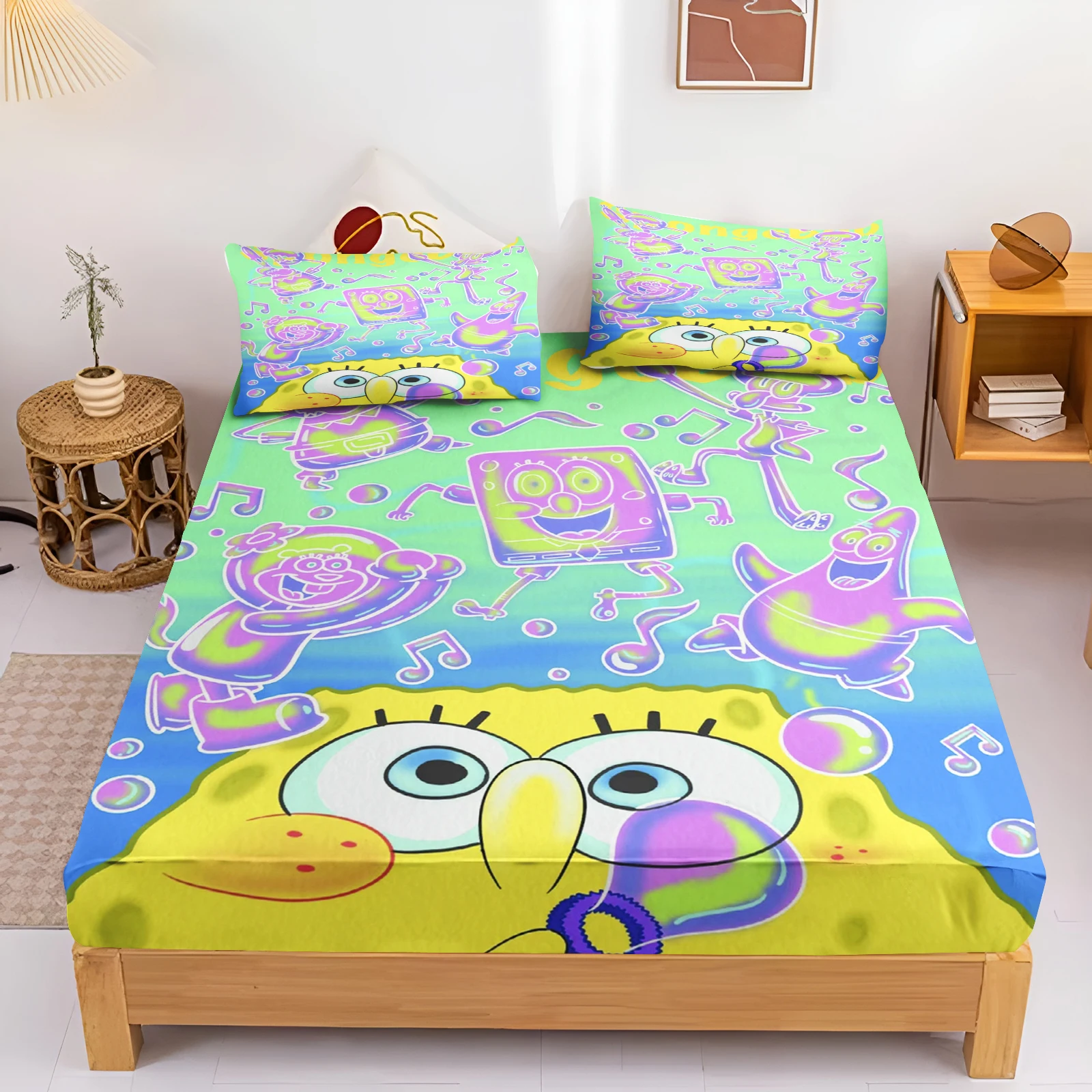 SpongeBob Cartoon Fitted Sheets, Anime Yellow Printing, Cute Children's Bedroom Pillowcase Set, Polyester Adult Gift