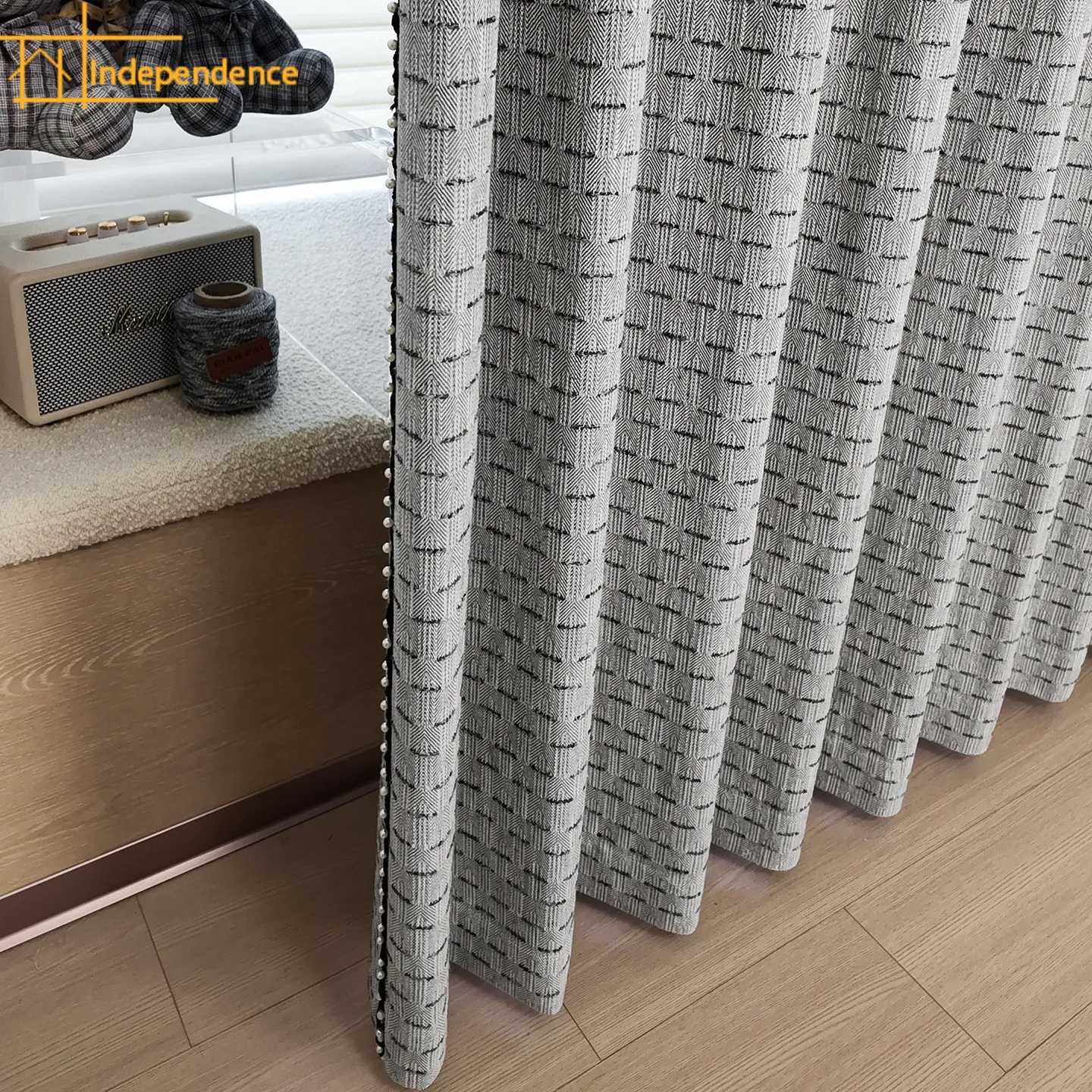 New Grey Woven Herringbone Pattern Wool Jacquard Pearl Lace Curtains for Living Room Bedroom French Window Customized Finished