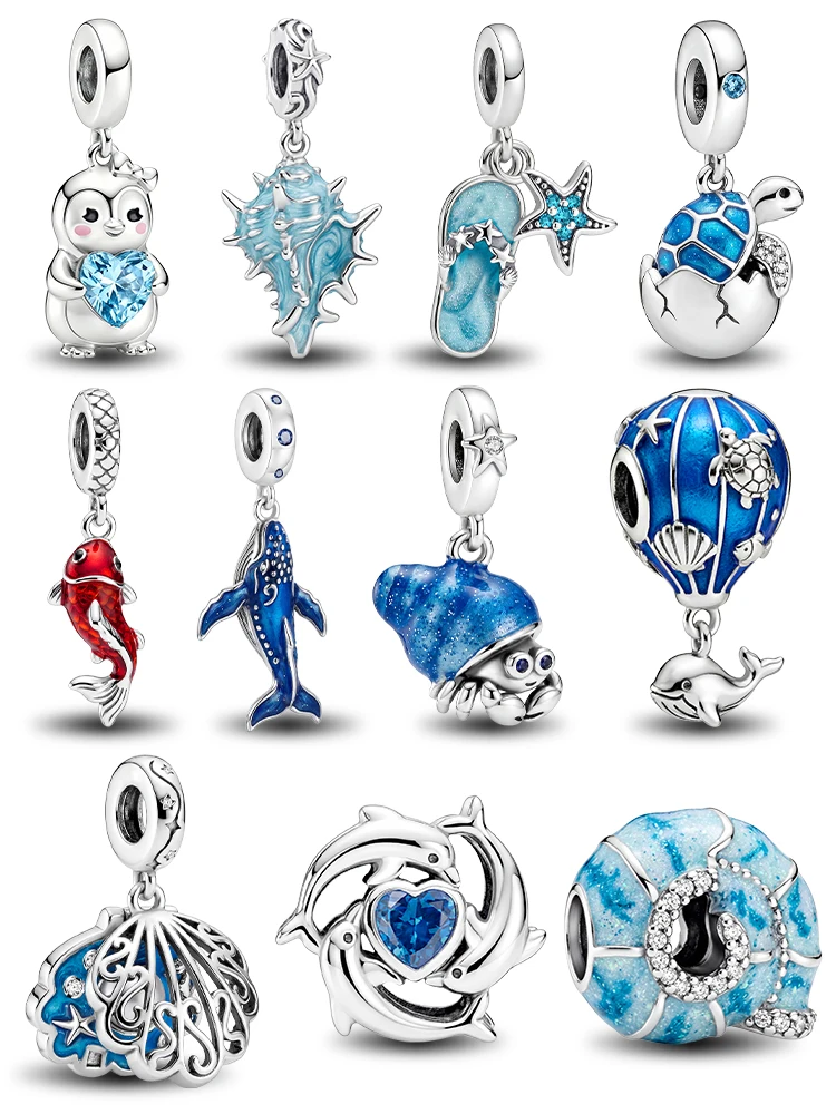 925 Sterling Silver Blue Whale Conch Shell Ocean Series Charm Pendant for Bracelets DIY Women's High Quality Fine Jewelry