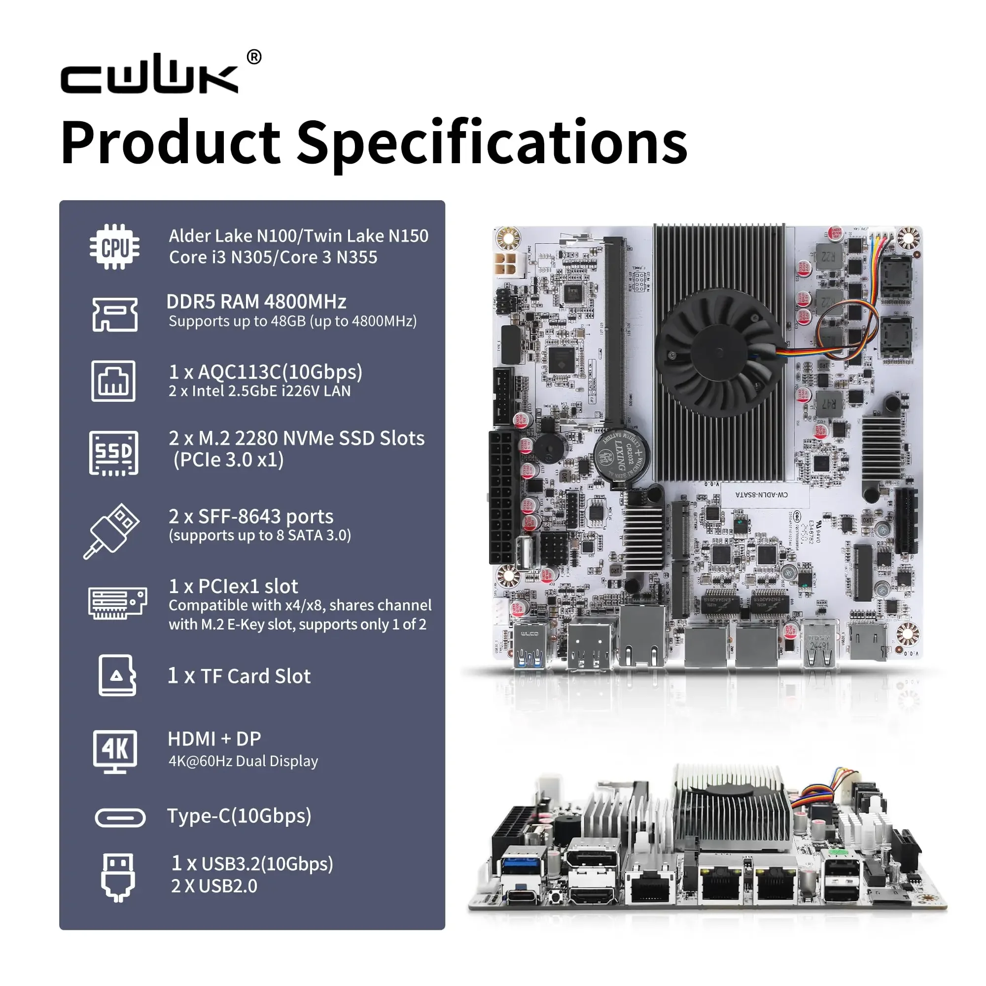Scheda madre NAS CWWK 8 alloggiamenti con 10GbE RJ45, scheda madre PC Mini ITX CPU N150 bianca M8, 2 x NVMe, doppia LAN da 2,5 GbE, WiFi M.2, USB-C