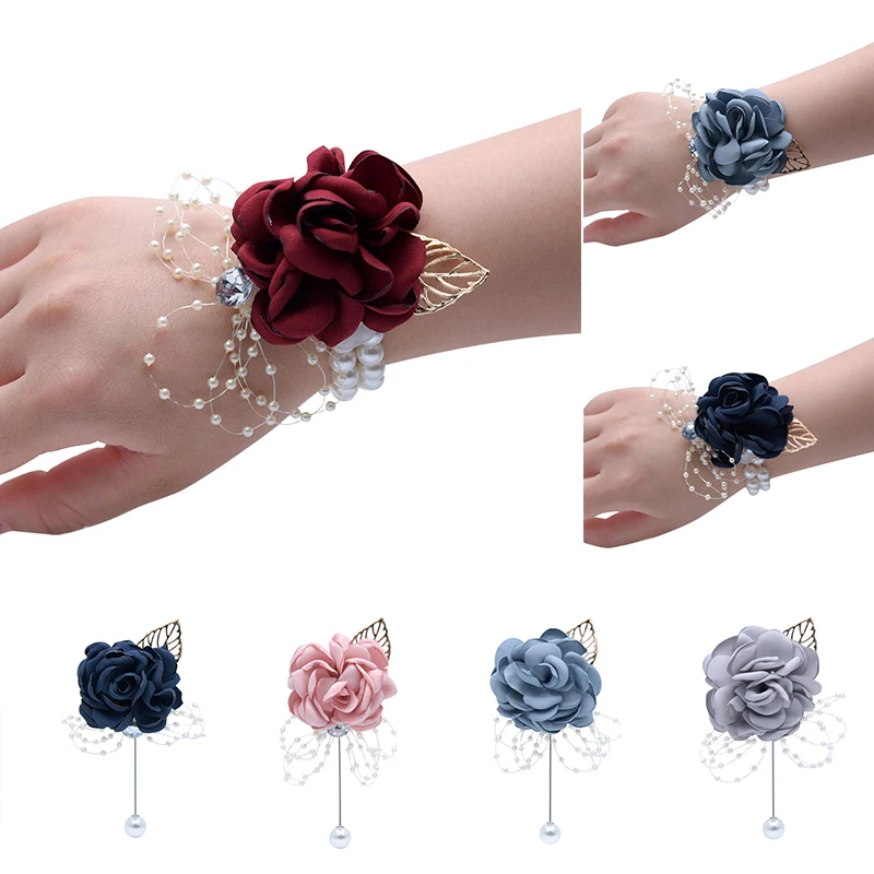 

Bridesmaid Wrist Corsage Satin Rose Pearl Bracelet Bridal Prom Party Boutonniere Hand Flowers Brooch Pin Wedding Accessories