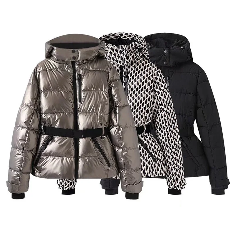 TRAF Chaqueta de invierno para mujer, ropa de esquí corta, abrigos de manga larga, sudaderas con capucha a cuadros plateadas negras, chaqueta acolchada corta, prendas de vestir exteriores