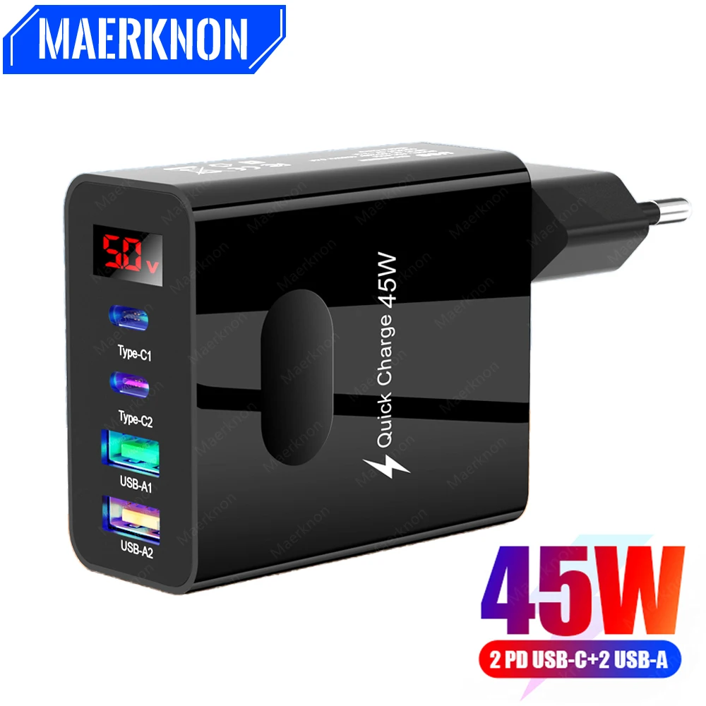 

Зарядное устройство USB C 45 Вт, 4 порта, быстрая зарядка, адаптер для зарядки телефонов iPhone, Samsung, Xiaomi, QC3.0, цифровой дисплей, настенное зарядное устройство Type C