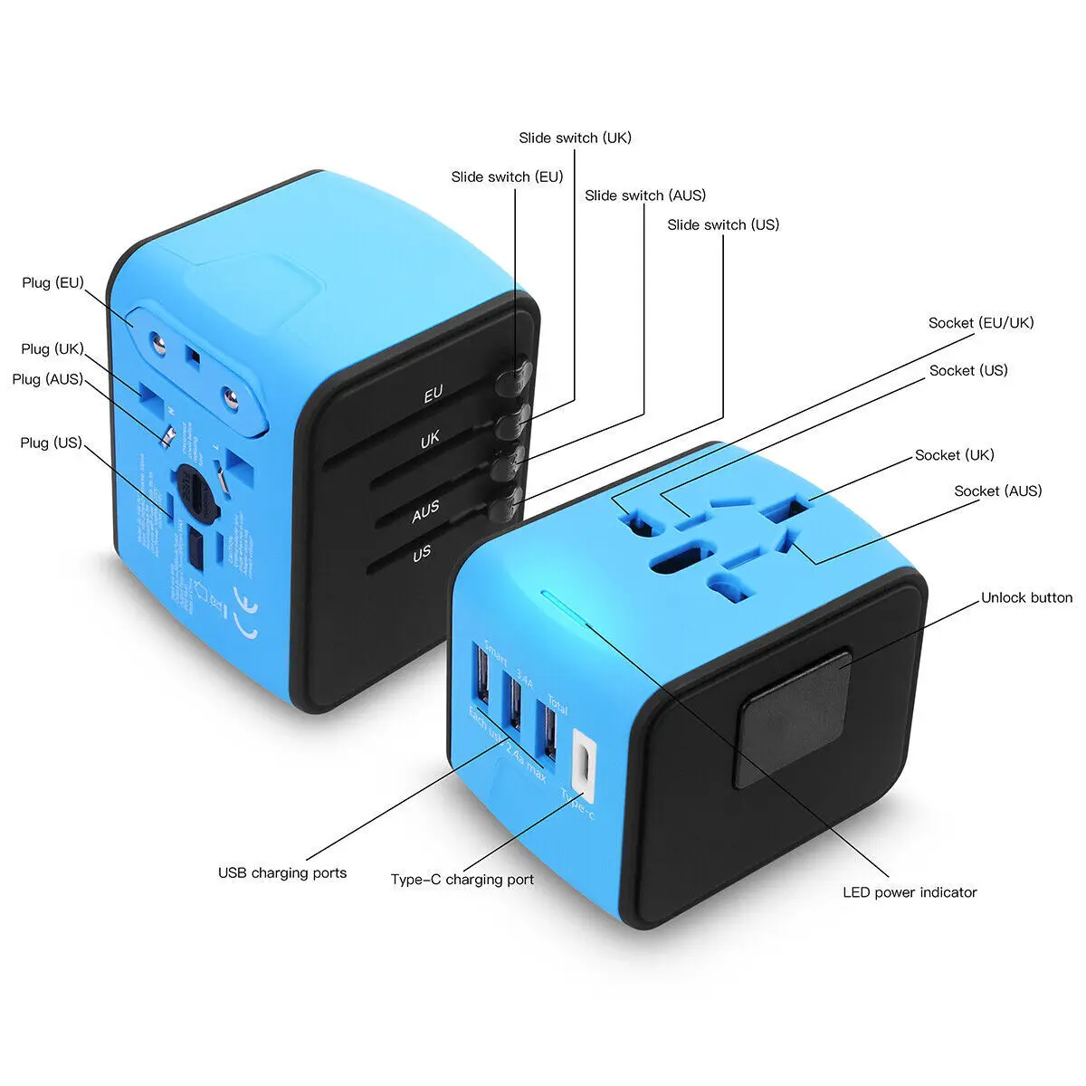 International Universal Travel Adapter 3 USB &Type-C Outlet Converter Plug Power