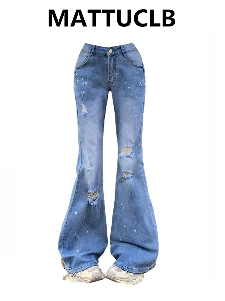 

Women Skinny Abi Harajuku Y2K Streetwear Pantalones Low Rise Damage Denim Flare Pants Jean Bell-Bottom Japanese Long Trousers