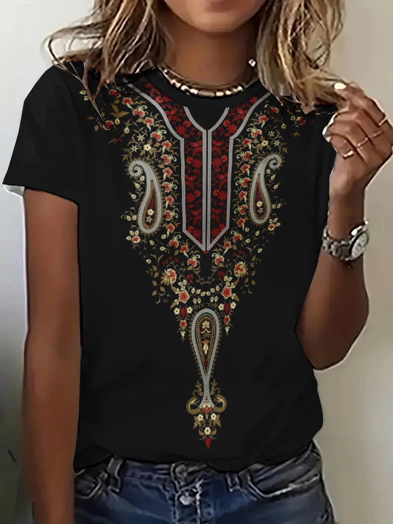 Vintage 3d Paisley gedruckt Frauen T-Shirt ethnischen Stil Sommer Damen T-Shirts Hemden lässig Kurzarm O-Ausschnitt lose Tops T-Shirt