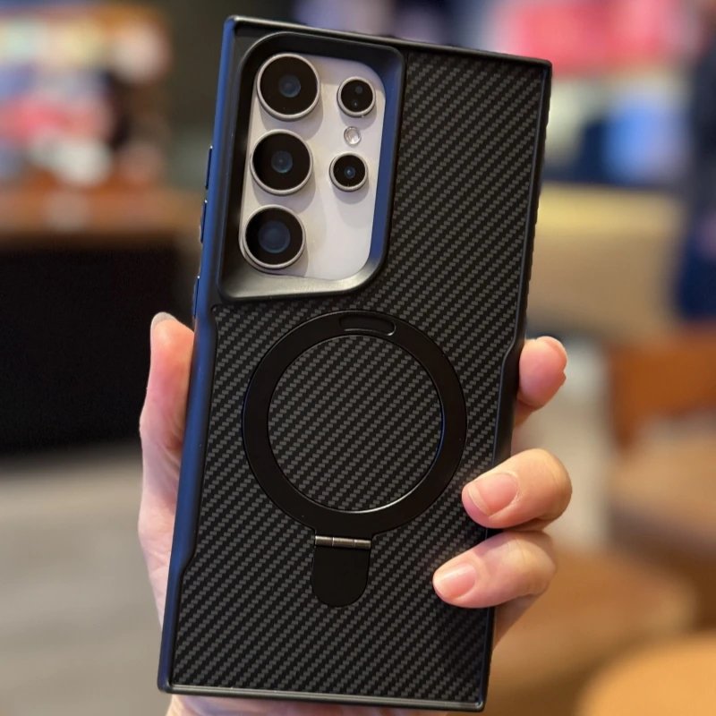 For Samsung Galaxy S24 S23 S22 S25 Ultra Plus Carbon Fiber Texture Magnetic Holder Phone Case Wireless Charging Shockproof Cover