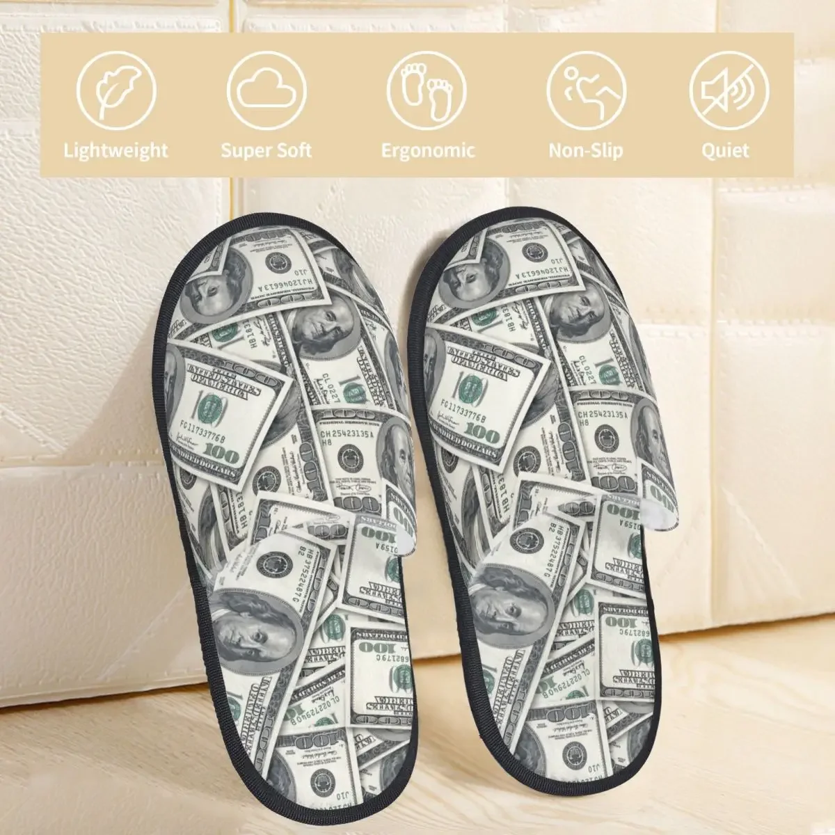 Winter Slipper Woman Man Fluffy Warm Slippers US Dollar Currency Money Pattern House Slippers Shoes