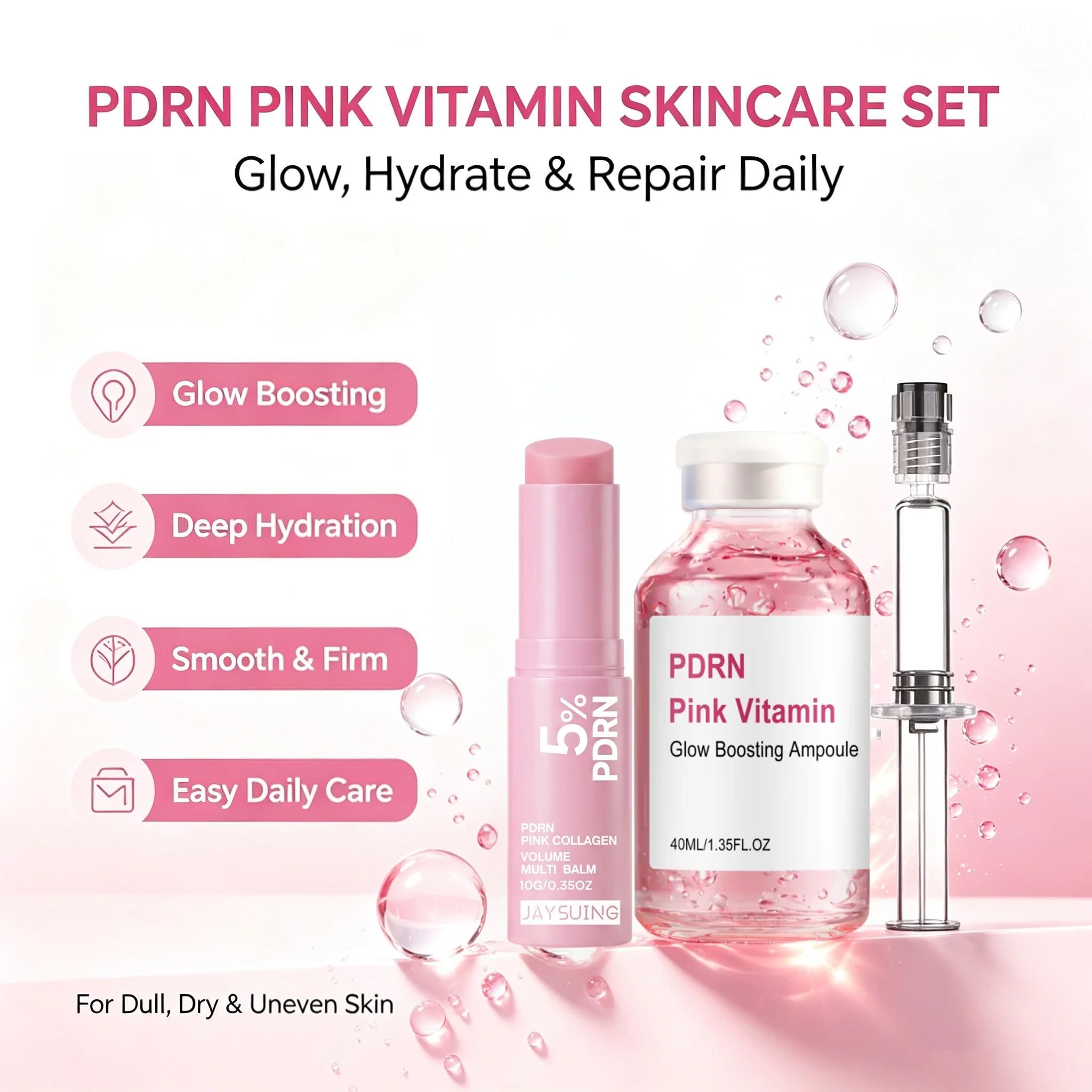 PDRN Skincare Set Pink Collagen Volume Multi Balm Stick & Serum Hydrating Firming Face Serum & Solid Balm for Face Lips Eye Area