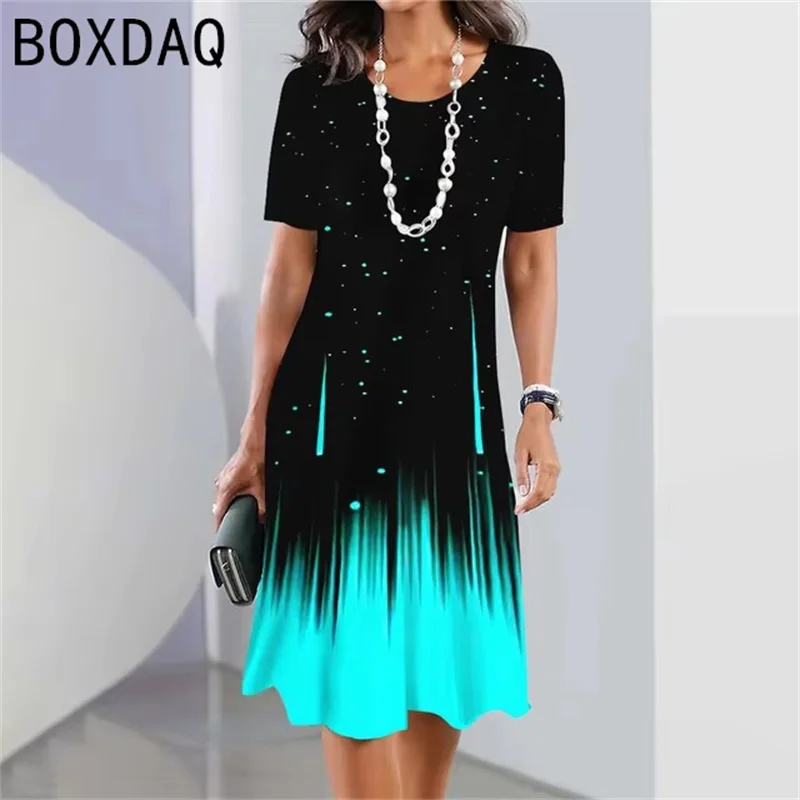 Big Size Women Dress 3D Colorful Gradient Print A-Line Dress Summer O-Neck Short Sleeve Casual Dress Elegant Loose Mini Dresses