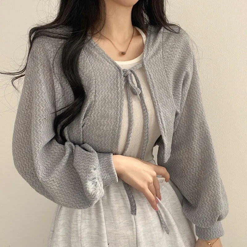 Knitted Cardigan Women Summer Thin Sunscreen Lace-Up Tops Female Casual Loose Shirt Korean Lantern Sleeve Basic Short Coat