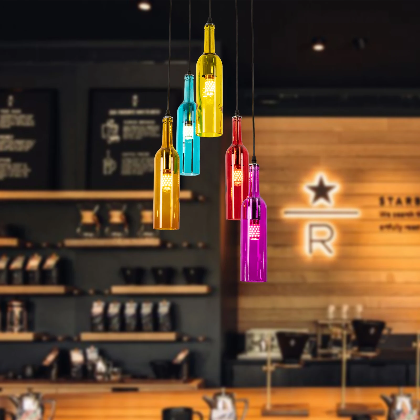 5 Heads Glass Chandelier Colorful Beer Bottle Decorative Chandelier for Dining Room