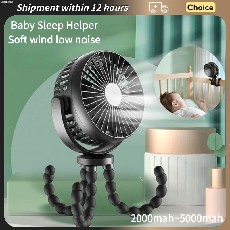 Octopus-Ventilator, geräuscharmer Kinderwagenventilator mit großer Kapazität, kleiner Tischventilator, der frei geformt werden kann, mit LED-Licht, 5000/2000 mAh