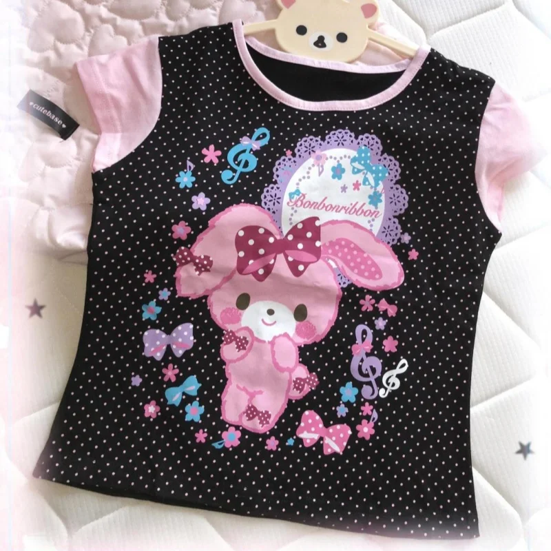 

Cute Polka Dot Sweet Cartoon Pattern T Shirts 2000s Y2K Kawaii Short Sleeve Summer Tees Young Women Girl Harajuku Clothes Casual