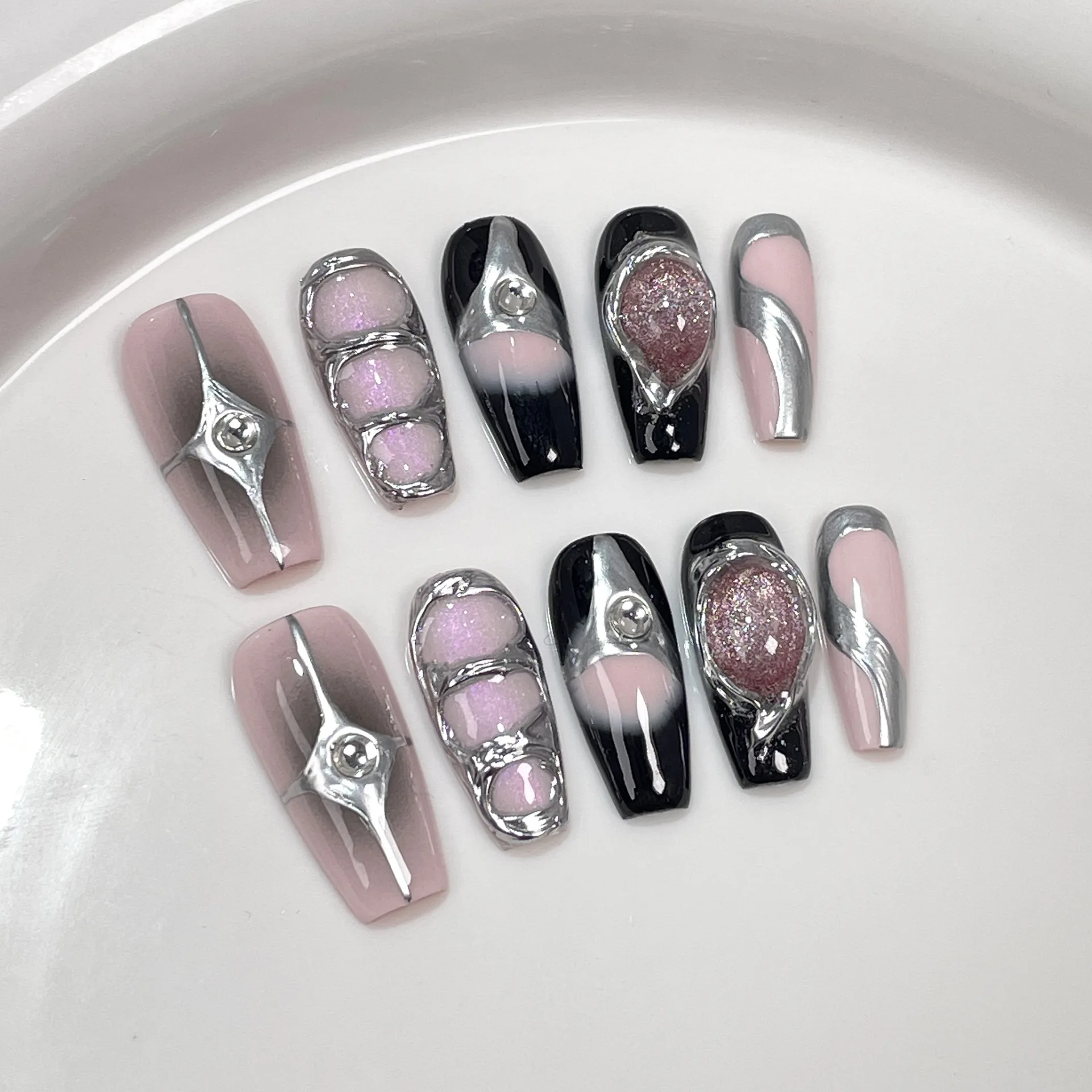 10Pcs Gradient Shiny Handmade Press On Nails Almond False Nails Full Cover Metallic Cool Girl Design Manicure Wearable Nail Tips