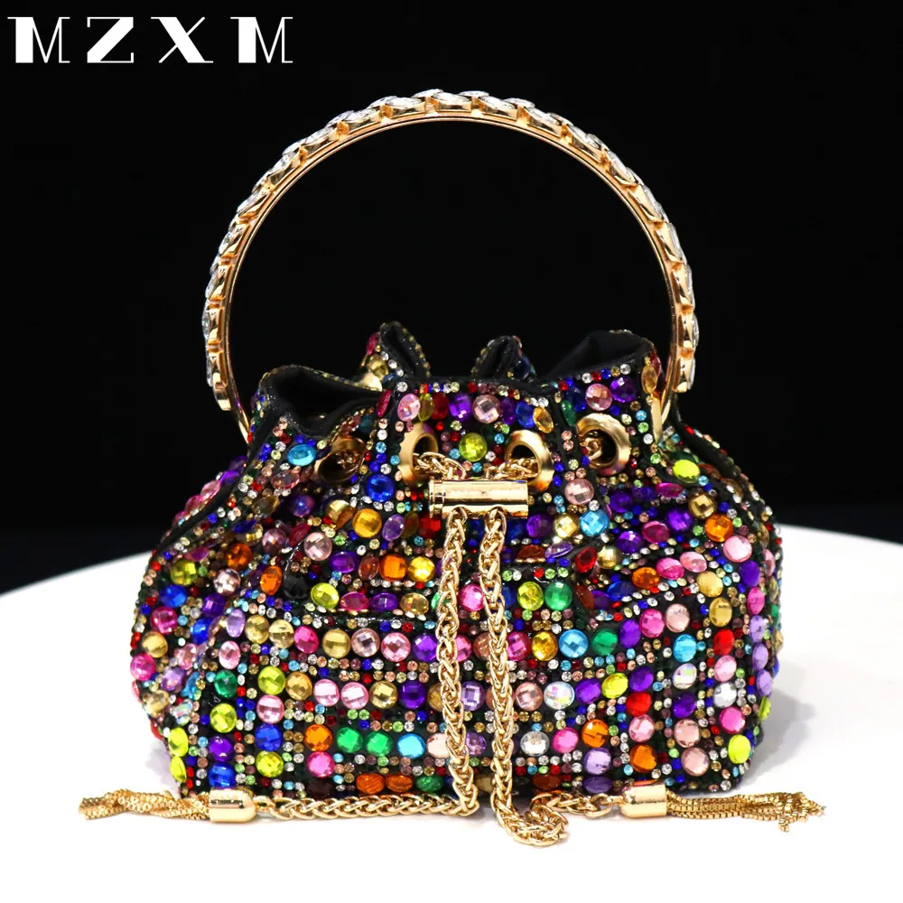 New Rhinestones Women Evening Bags Bucket Design Party Day Clutch Soft Mixed Color Shoulder Chain Handbags Purse