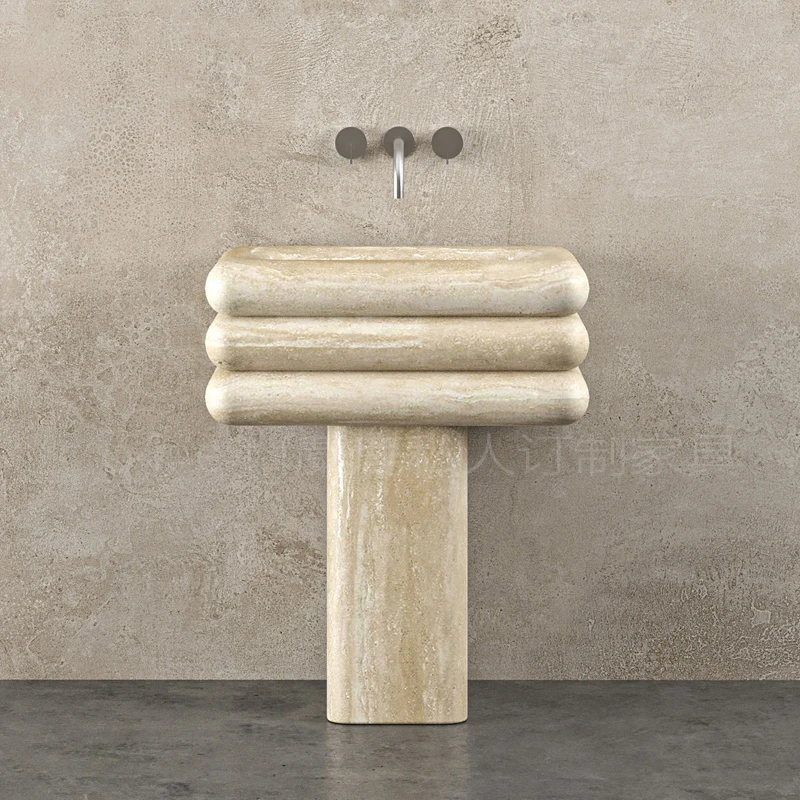 Italian minimalist natural travertine marble sink column basin integrated floor type
