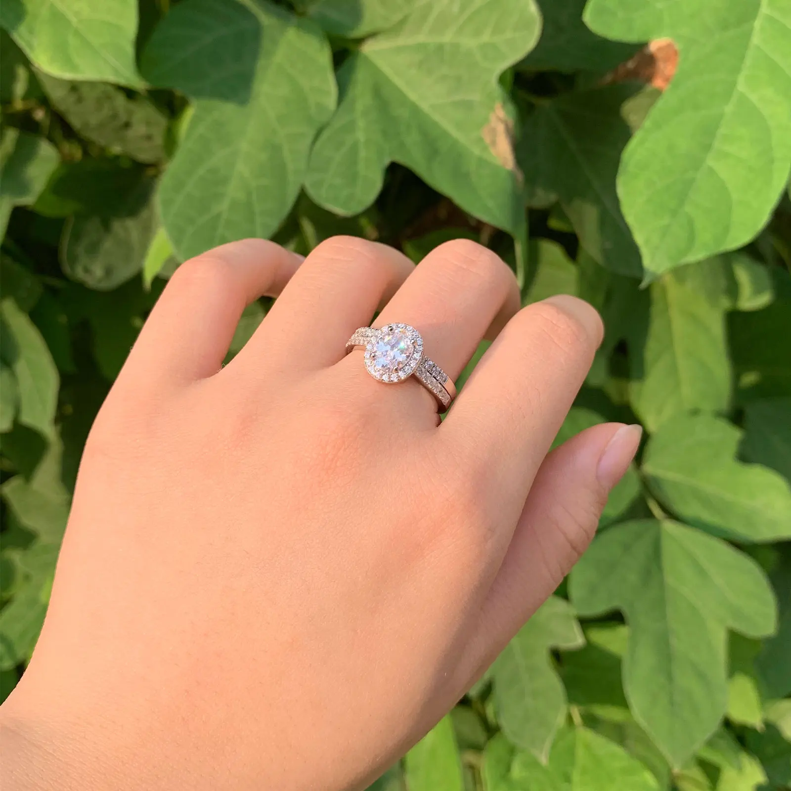 Newshe 925 Sterling Silver Wedding Rings Set for Bride 3.2Ct Halo Oval Cut AAAAA Cubic Zircon Fine Jewelry
