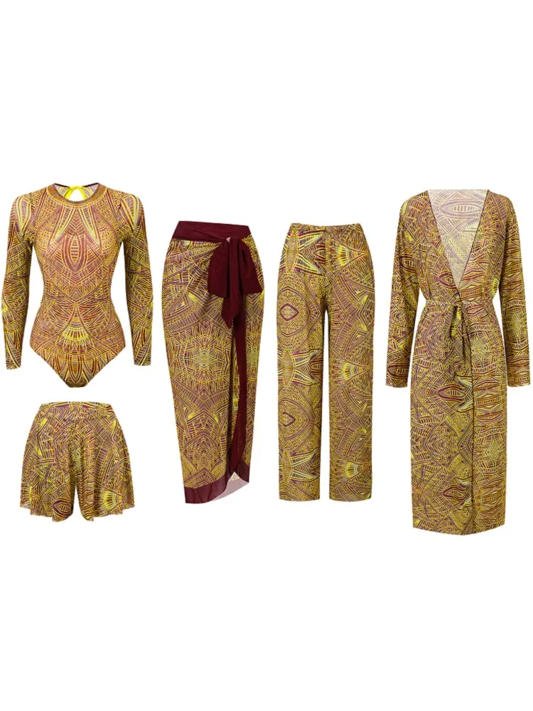 

5 Piece Sets High Waist Sexy Swimsuit Women Summer Bathing Suit Bikini Set Long Sleeve Swimwear Beach Swimming Suit Купальник