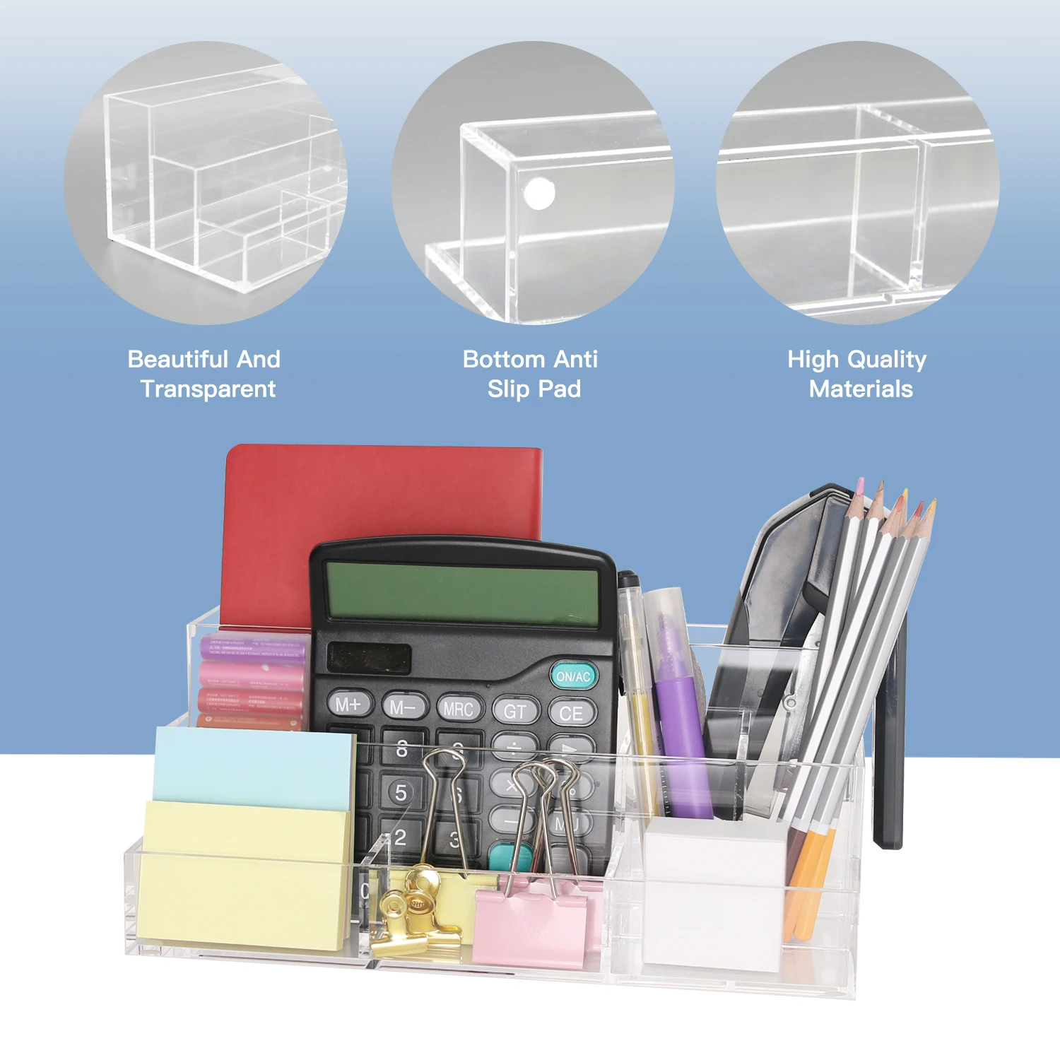 Scatola portaoggetti in acrilico, scatola portaoggetti trasparente con divisorio, multiuso per gioielli, trucco, cosmetici, cancelleria e sm