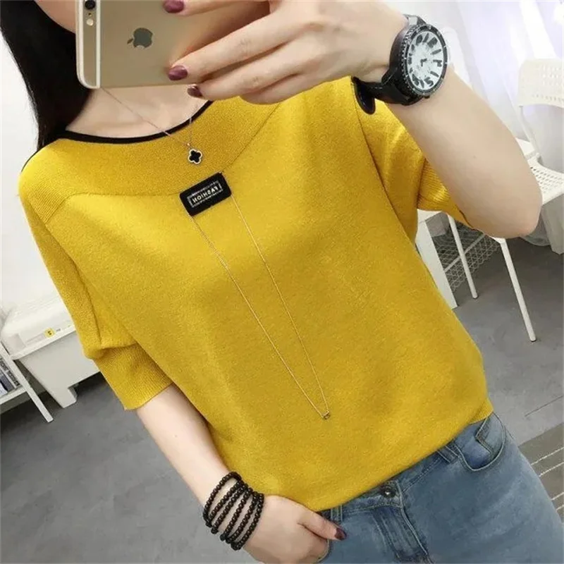 Female Half Sleeve Sweater Spring Women Solid Color Ice Silk Pullover Knitted Korean Lady Large Size 5XL Bat Shirt Knitting Tops