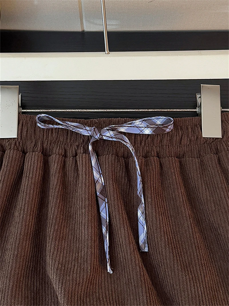 Falda de pana de estilo coreano para mujer Otoño Invierno cintura alta contraste Color faldas gruesas Retro cálido marrón A-line faldas largas