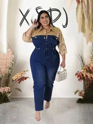 Casual Elegant Womens Jumpsuits with Jeans Autumn Winter Long Sleeve One Piece Outifts Cotton and Denim Jumpsuit Plus Size Lady