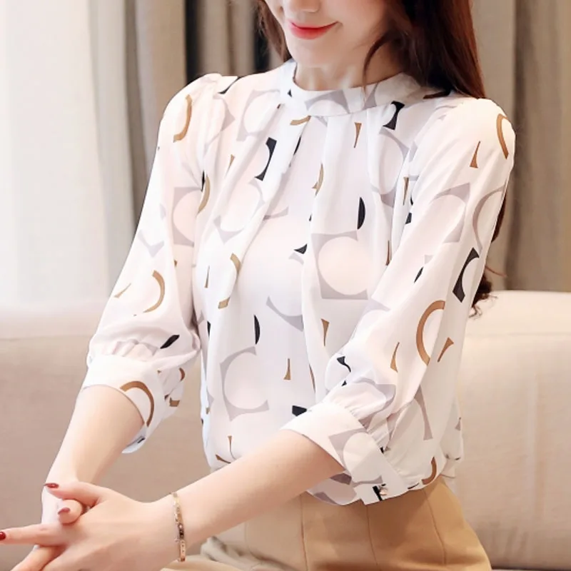 Fashion Women\'s Clothing Summer Printed Chiffon Blouse Casual Puff Half Sleeve Office Shirt Korean Stand Collar Tops Blusas 2480