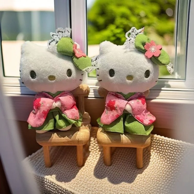 Sanrio Hello Kitty Matcha Kimono dentelle arc fleur de cerisier en peluche pendentif automobile intérieur voiture porte-clés sac à dos décoration cadeau