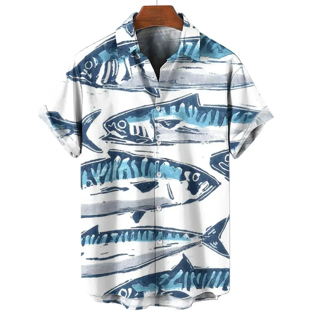 

Men's Hawaiian Shirt 3D Fish Printed Graphic Summer Fashion Button Short Sleeve Lapels Streetwear Blouse Men Loose Clothing Tops